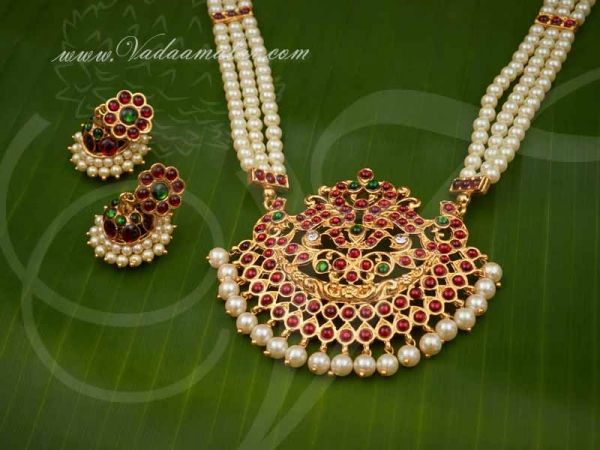 Mothi Mala Necklace Kemp Pendant Temple Jewellery Jhumka Set Buy Now