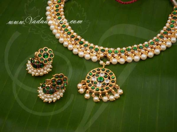 Green Kempu Necklace Jhumki Set Indian Design Jewellery for Sarees Buy now