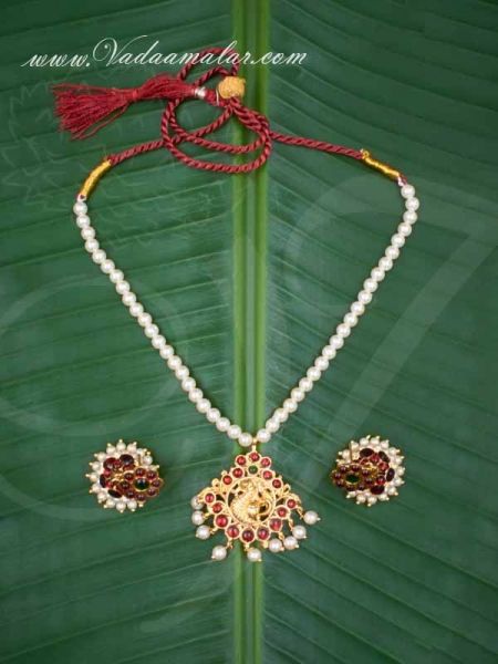 Kemp Necklace Temple Jewellery with Pearls MuthuMalai and Jhumka Set Available online