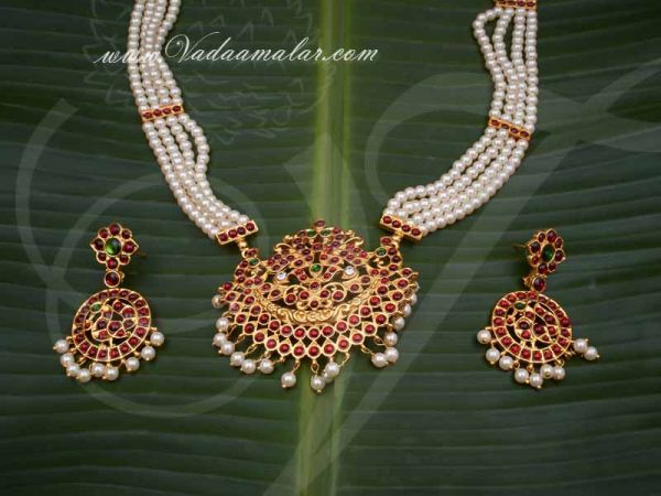 Kemp Necklace Temple Jewellery with Pearls Muthu Malai and KempEar Set Available online