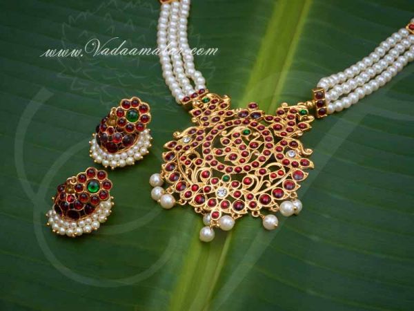 Kemp Necklace Temple Jewellery with Pearls MuthuMalai and Jhumka Set Buy now
