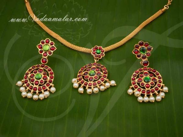 Kemp Red Color Flower pendant necklace with Matching Earring Set Buy Now