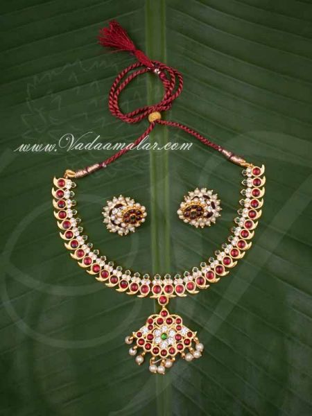 Kuchipudi Kempu Necklace Jhumki Set Indian Design Jewellery for Sarees Buy now