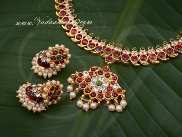 Kuchipudi Kempu Necklace Jhumki Set Indian Design Jewellery for Sarees Buy now