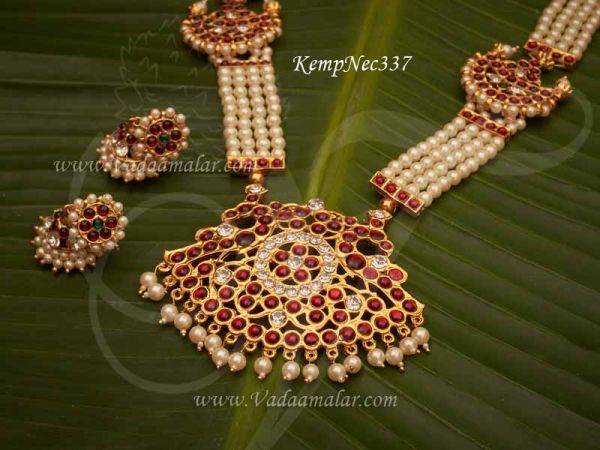 Haaram Kemp Stone with Pearl 4 lines MuthuMalai and Jhumka Buy Now