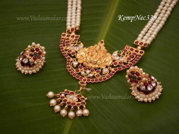 Haaram Kemp Stone with lakshmi Design 3 lines MuthuMalai and Jhumka Buy Now
