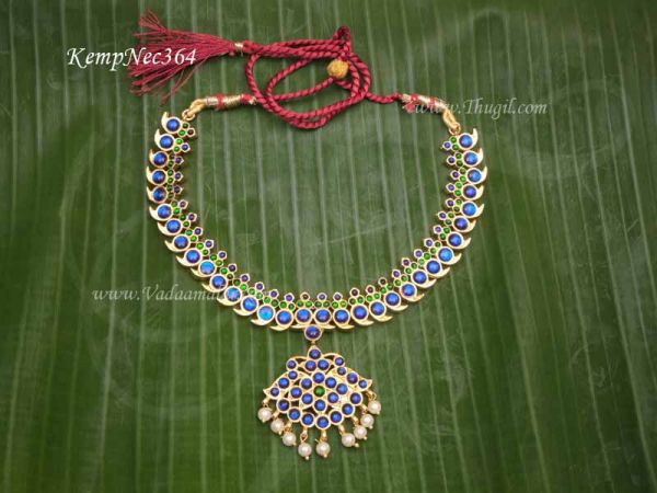 Blue and Green Mango Design Traditional kemp stones Attikai ati closed neck choker jewelry  