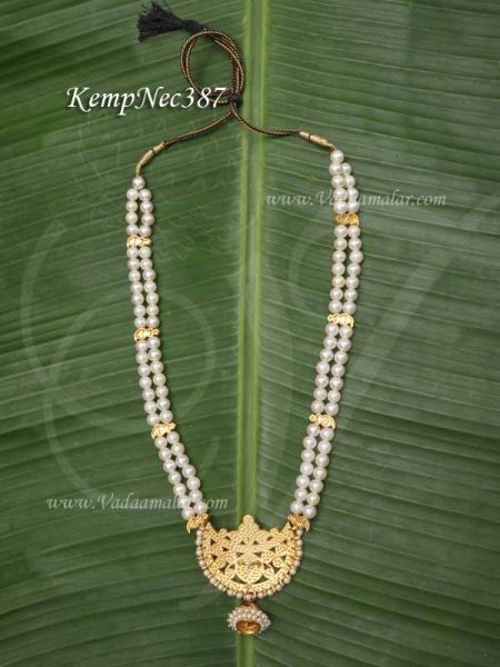 Kemp Stone Pendant with Long Pearl Haram for Bharathanatyam jewellery 11 inches