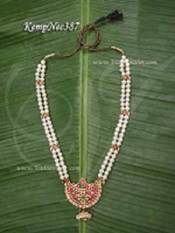 Kemp Stone Pendant with Long Pearl Haram for Bharathanatyam jewellery 11 inches
