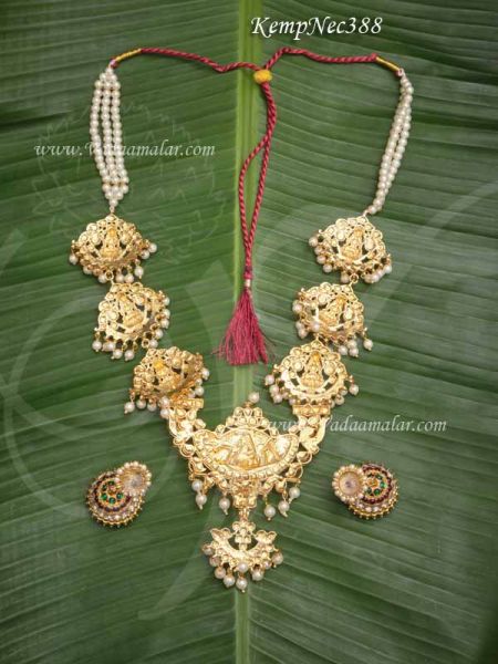 Lakshmi Kemp Haaram Temple Jewellery 3 lines Pearl Jhumka 12 Inches