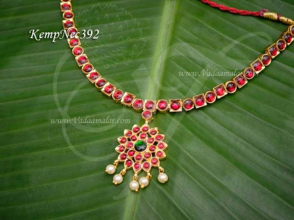 Flower Design Kemp Stone Short necklace For Bharatanatyam Dance Jewellery 