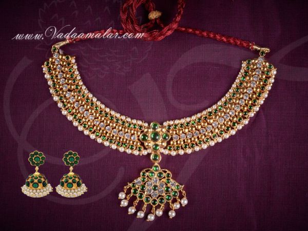 Kemp Necklace Online Green Temple Jewellery set Jhumka available online