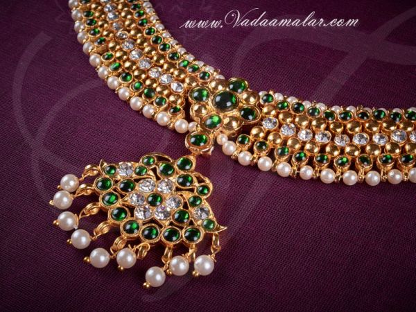 Kemp Necklace Online Green Temple Jewellery set Jhumka available online