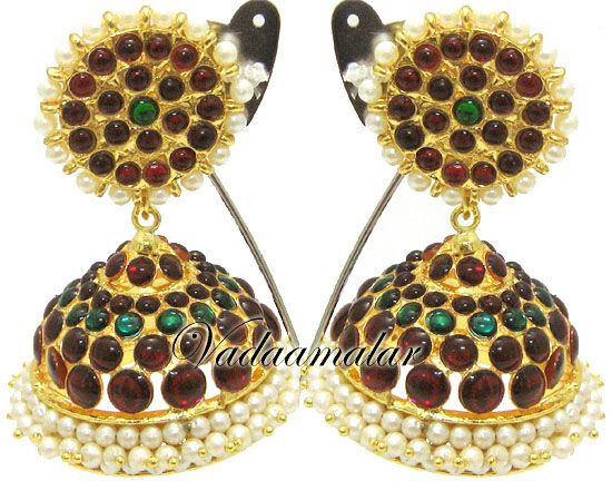 Buy Bharatanatyam jewelry Long Pearl Strands Temple Kemp stone Pendant Jhumka Tikka Set