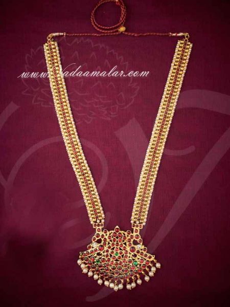 Gold Beads with Kemp Stone with Pearl Long Haaram 12 inches