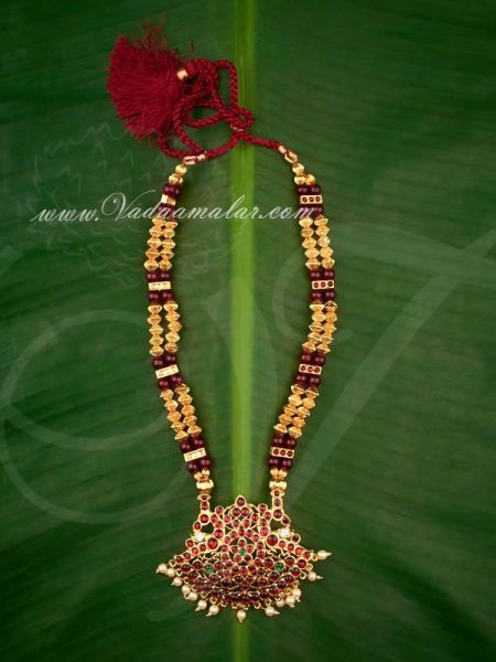 Kemp Stone Pendant with Beads Long Necklace for Saree Salwar Costumes 