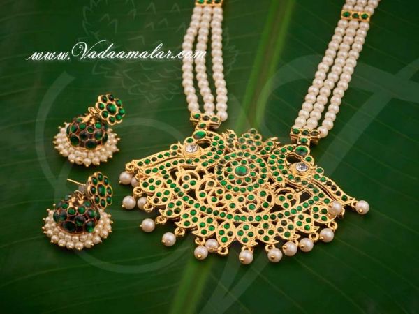 Green Kempu Stones Temple Jewelery Design MonthiMala Necklace and Jhumka Set