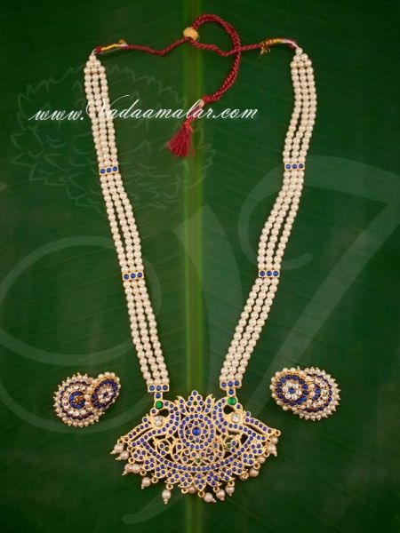Tradtional Temple Jewel Design India Pearl Strings Necklace and Earring Set