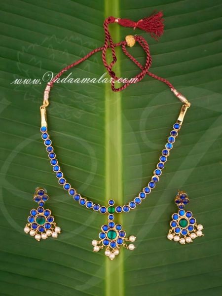 Blue and Green Color Kemp Necklace with Matching Earring Set