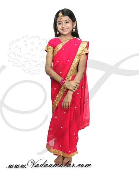 Pink color ready to wear pre-pleated saree costume for kids