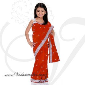 Red Girls Childrens Ready made Sarees pleated India Indian saree costume 