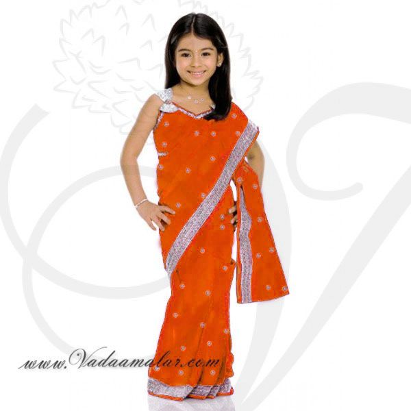 Orange Color Girls Childrens Ready made Sarees pleated India Indian saree costume 