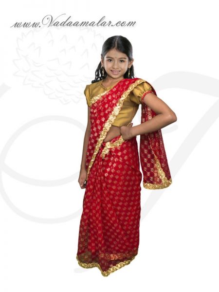 Red Color India Girls Children Costume Readytowear Pre-pleated India Indian sarees
