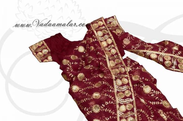 Maroon Color India Girls Children Costume Readytowear Pre-pleated India Indian sarees