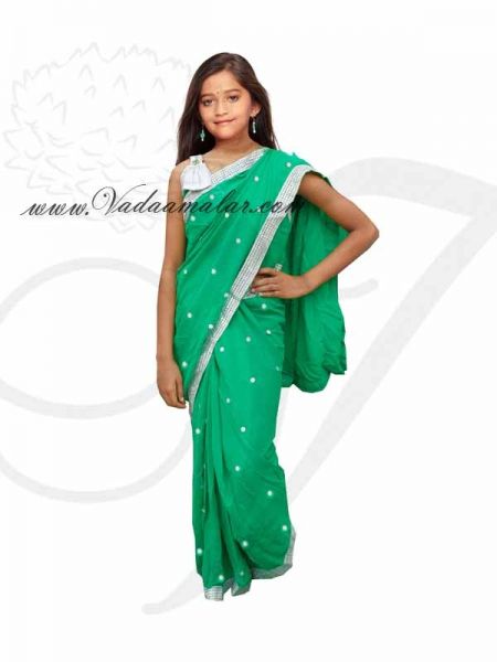 Ready to Wear Pre-Pleated Saree Green Color Girls Ready Made Sari Available Online 32 size
