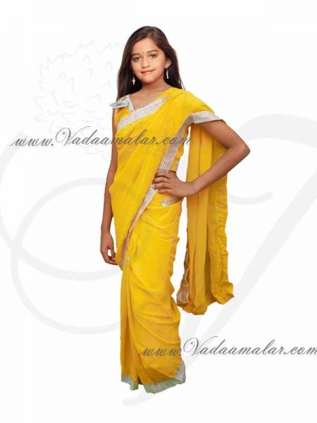 Ready to Wear Pre-Pleated Saree Yellow Color Girls Ready Made Sari Available Online 32 size
