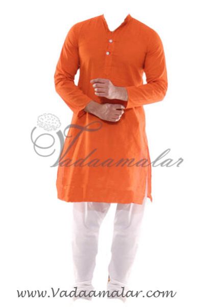 Buy Online Orange Saffron Silk Cotton Kurta Kurtha Payjama Pajama Set Indian Mens wear 
