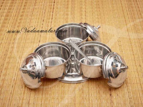 Stainless Steel 3 bowl server Great for Pickle Holder,salsa dressings,and sauces buy online