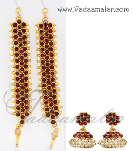 Bharatanatyam Kuchipudi Earrings mattal Ear chain in red kempu pearl Jumkis