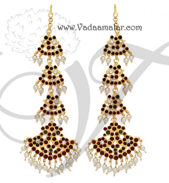 Traditional Temple Jewelry Kemp Stones Kathak Design Long Earrings with extension