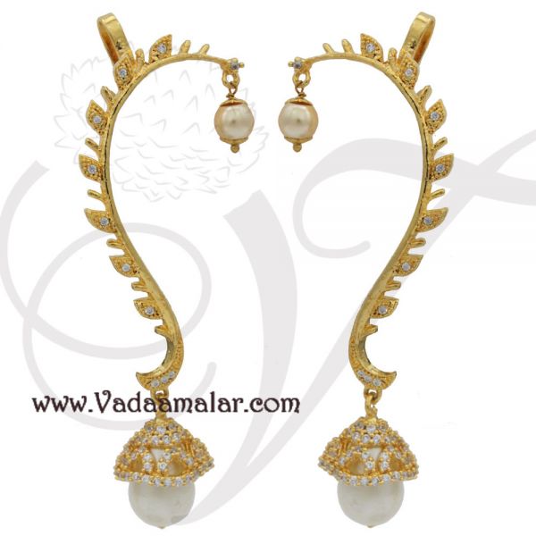 Earrings with Kan Chain Extension  American Diamond Stones Jhumkas
