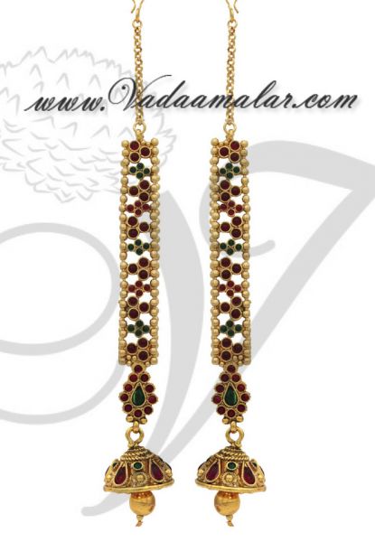 Antique Design Earrings with Kan Chain Extension Radish Pink and Green Stones Jhumkas