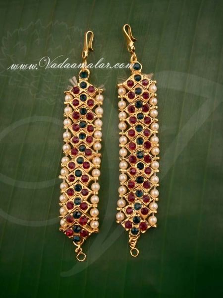 Dazzling ear chain mattal ear to hair extension in maroon and green stones 