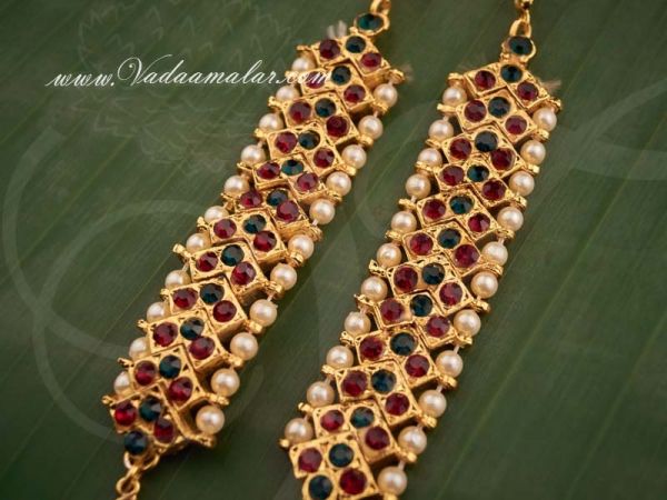 Dazzling ear chain mattal ear to hair extension in maroon and green stones 
