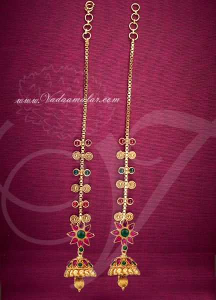 Antique Design Earrings with Kan Chain Extension Maroon and Green Stones Jhumkas