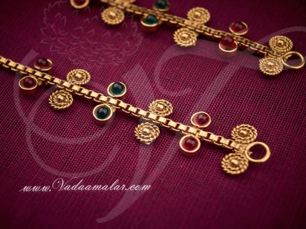 Antique Design Earrings with Kan Chain Extension Maroon and Green Stones Jhumkas