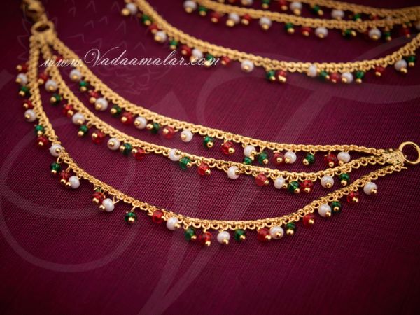 Ear extension ear to hair chain multi color pearls for Saree & Salwar 
