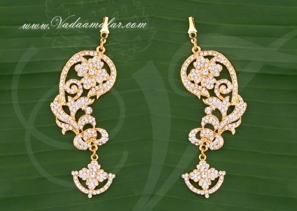 Earrings with Kan Chain Extension White Stones Jhumkas