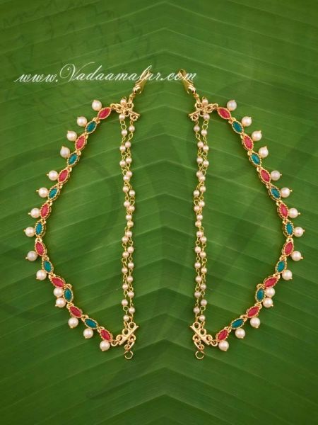 Ruby Emerald Stones Ear extension Ear to Hair Chain with Pearls for Saree & Salwar 