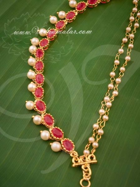 Ruby Stone Ear extension Ear to Hair Chain with Pearls