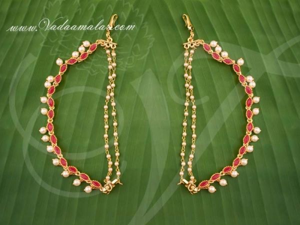 Ruby Stone Ear extension Ear to Hair Chain with Pearls for Saree & Salwar 