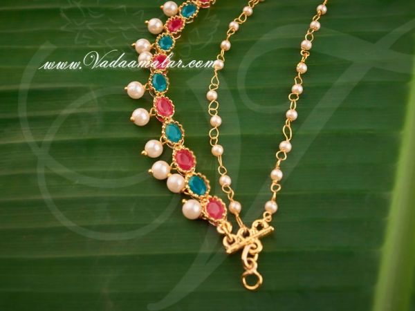 Ruby Emerald Stones Ear extension Ear to Hair Chain with Pearls for Saree & Salwar 