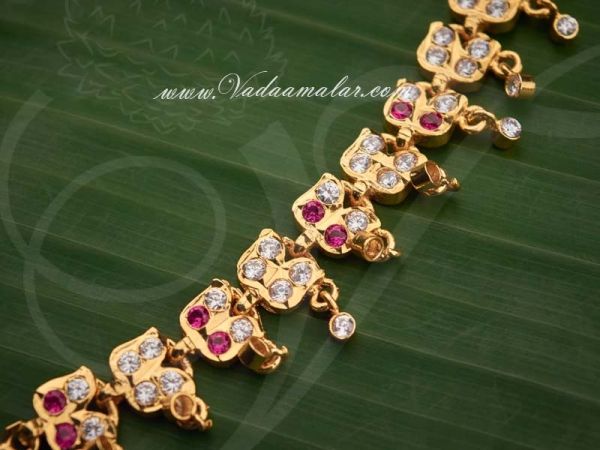 Traditional South Indian Mattal Earring extension chain white and pink color stones 