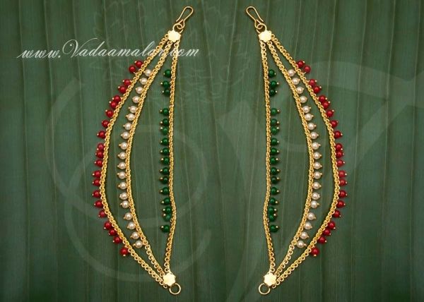 Ear extension ear to hair chain multi color pearls for Saree & Salwar 