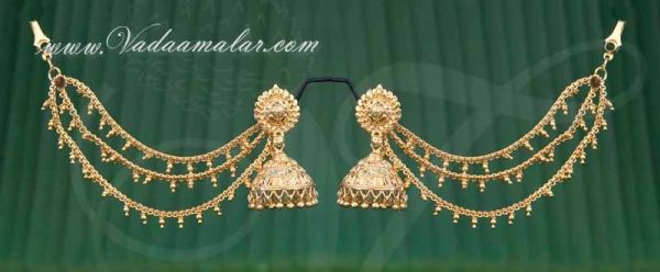 Gold Plated Earring with Pearl Khan Chain Mattal Extension Ear to Hair Chain Buy