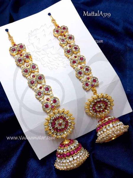 Mattal With Jimiki White with Pink Colour Stone Ear Chain Extension For Dance Jewellery 6 inches